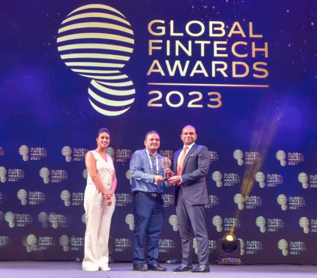 Mr. Adeeb Ahamed, MD, LuLu Financial Holdings being awarded with the “ Leading Personality of the year GCC” by Mr. Abhishek Arun, President - Platform Strategy & Commercialization, M2P Fintech and Latika Kolnati, Associate Vice President, GFF during the Global Fintech Fest 2023 at Mumbai. (Photo: AETOSWire)