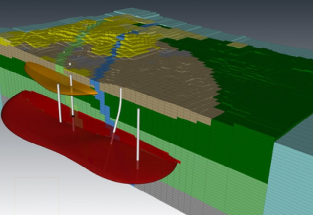 Flow State Solutions 소프트웨어 Volsung의 저장소 시뮬레이션에 활용되는 Leapfrog Energy에 구축된 지질학 모델의 예(이미지 제공: Flow State Solutions)