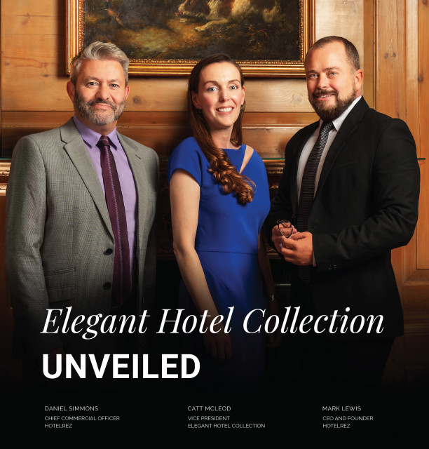 HotelREZ powers Elegant Hotel Collection. Daniel Simmons, CCO; Catt McLeod, VP of Brand Development; Mark Lewis, CEO (Photo: Business Wire)