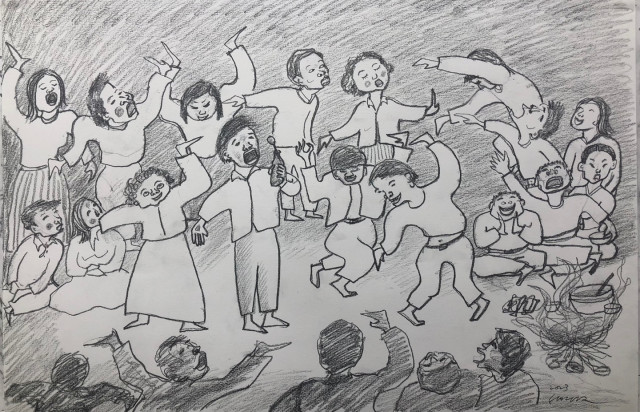 신안을 비롯한 서남해안 도서·연안 지역의 놀이 문화 ‘산다이’를 그린 스케치
