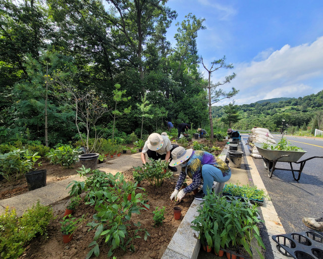 ‘사회적 약자 가드닝’ 참여자들이 정원에 식물을 심고 있다(사진: 중부대학교)