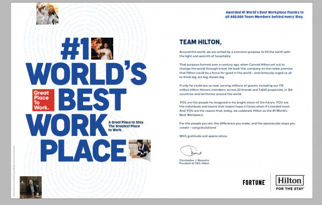 Hilton recognizes global team members in advertisement appearing in major media outlets for their accomplishment of being recognized as the No. 1 World&#039;s Best Workplace (Graphic: Hilton)
