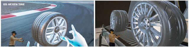 넥센타이어 직원이 VR 장비를 활용해 타이어 디자인 품평을 진행하고 있다