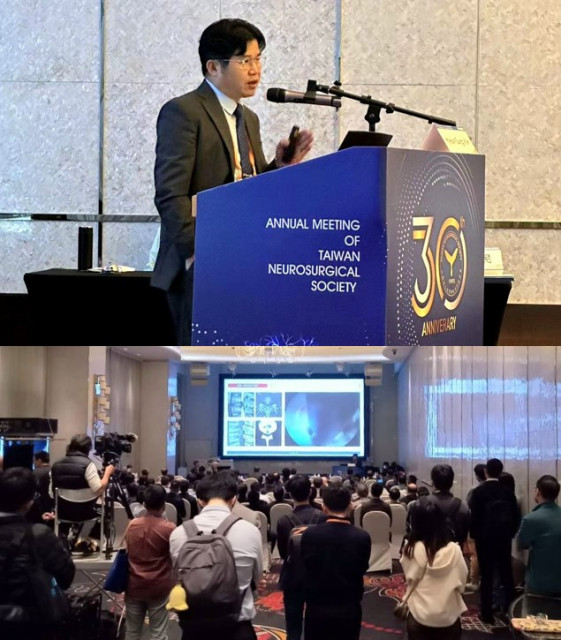 김현성 병원장이 ‘2023 대만신경외과학회 정기학술대회’ 강연장에서 척추내시경 강연을 펼치고 있다