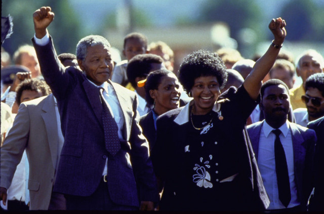 Nelson and Winnie Mandela after his liberation from prison in South Africa on February 11, 1990. Pho...