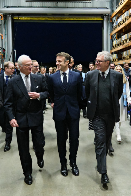 스웨덴의 칼 구스타프 16세 국왕과 프랑스의 에마뉘엘 마크롱 대통령을 호스팅하는 알파라발 톰 에릭손 CEO