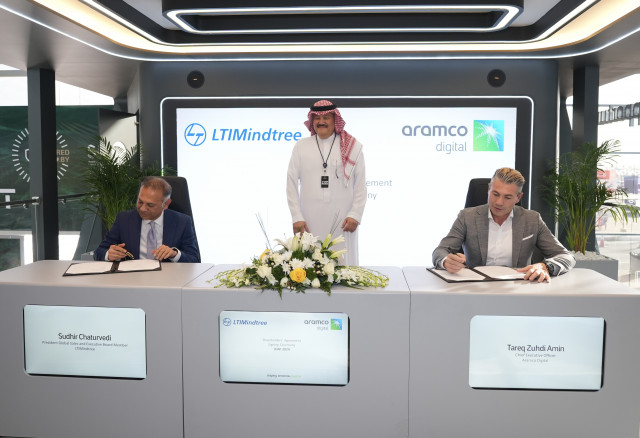 Signing of the shareholders' agreement between LTIMindtree and Aramco Digital. Left to right, S...