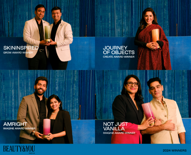 Top L: Piyush Jain (L) and Dr. Prashant Agrawal (R), co-founders, SkinInspired. Bottom L: Vijay Sivaraju (L) and Vaishnavi Maganti (R), co-founders, Amright. Top R: Alia Allana, founder, Journey of Objects. Bottom R: Kritika Rathi (L) and Akshay Bawa (R), co-founders, Not Just Vanilla (Photo: Business Wire)