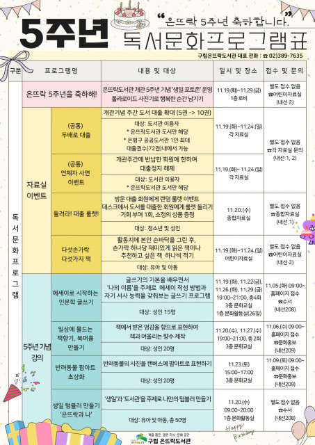 구립 은뜨락도서관 개관 5주년 독서·문화프로그램 포스터