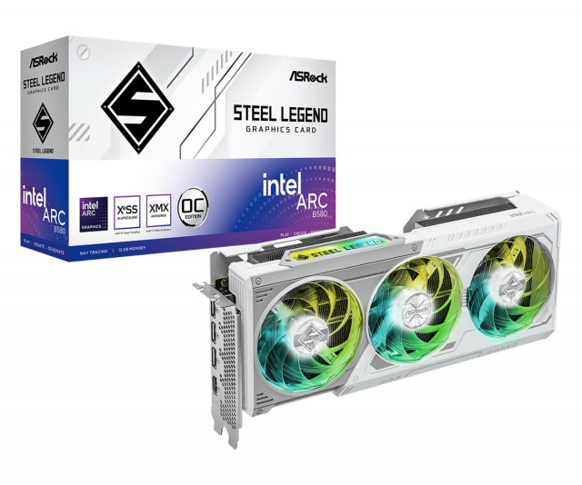 ASRock Intel Arc B580 Steel Legend 12GB OC 모델은 사전 오버클럭된 최대 클럭 2800MHz 으로 동작하며, 12GB GDDR6 메모리(19Gbps)를 장착했다. 트리플 팬 디자인의 스트라이프 링 팬, 울트라 핏 히트파이프를 적용해 냉각 효율을 높였다. 스타일리시한 후면 메탈 백플레이트는 구조적 강성을 높이고 PCB 휨을 방지한다. Polychrome SYNC를 지원하는 ARGB 팬과 조명 패널을 통해 사용자가 조명 효과를 자유롭게 설정할 수도 있다. 화이트 테마의 PC 빌드를 선호하는 사용자를 위한 화이트 버전도 있다