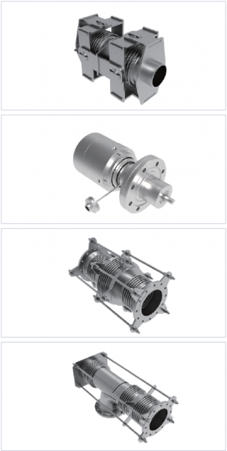 위에서 아래로 ITER 진공자외선 이중벽 짐벌 벨로우즈(ITER VUV Double Wall Gimbal Bellows), 이중 벨로우즈(Double Wall Bellows) 기반 로터리 피드스루, 산업용 S-Pressure Balance Bellows, 산업용 L-Pressure Balance Bellows(제공=에스제이엠)