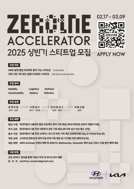 현대자동차그룹 오픈이노베이션 플랫폼 ‘제로원 액셀러레이터(ZER01NE ACCELERATOR)’의 2025년 스타트업 공개 모집 안내 포스터