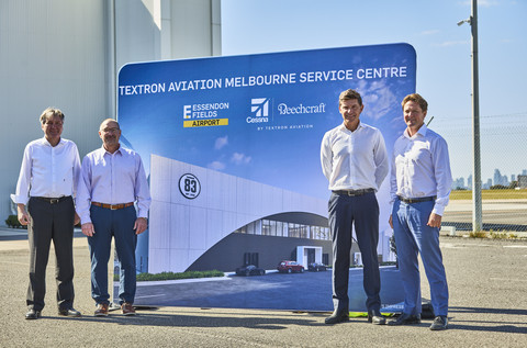 L-R: Stefan Wenger, vice president, International Customer Service Centers, Textron Aviation, Brian Rohloff, senior vice president, Global Customer Support, Textron Aviation, Brendan Pihan, CEO, Essendon Fields Airport, Peter Funder, general manager development, Essendon Fields Airport at the new facility site in Melbourne. (Photo: Craig Moodie)