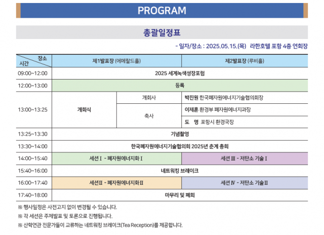 지속가능한 저탄소 기술과 에너지 전환 세미나 프로그램 * 한국폐자원에너지기술협의회 제공