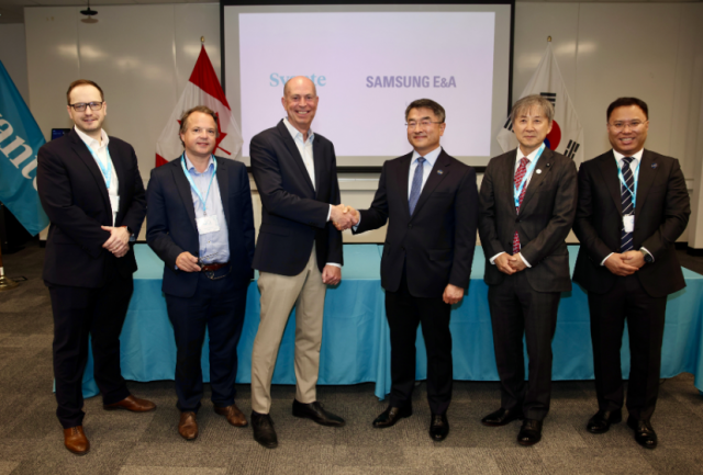 Leaders of SAMSUNG E&A and Svante sign a joint development agreement at a private signing ceremony during Svante's Grand Opening Event in Burnaby, BC, Canada. The companies have partnered to jointly develop and deliver modular, standardized carbon capture plants to industrial facilities worldwide. From the left: Matt Stevenson, CRO, Svante Group, Mark Claessen, President, Svante Solutions & Digital Services, Claude Letourneau, President & CEO, Svante Group, Hong Namkoong, CEO & President, SAMSUNG E&A, Sean Chung, Head of Sustainable Solutions Division, SAMSUNG E&A, Wonsik Cho, VP of Sustainable Solutions, SAMSUNG E&A.