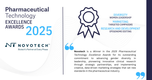 Novotech, a globally recognized full-service clinical research organization (CRO) and scientific advisory partner, is proud to announce its recognition across three categories—Diversity, Research and Development, and Marketing— as part of the Pharmaceutical Technology Awards by Global Data, one of the industry’s most prestigious and widely recognized independent recognition programs.