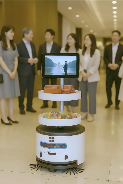 강남 웨딩홀 로비에서 운영 중인 라이노스의 AI 청소 로봇 ‘J30’. 청소 기능에 더해 광고/이벤트 및 안내 기능까지 수행할 수 있다