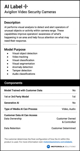 AI labels explain the type of AI used in a product, who owns the data processed, human controls and the purpose behind the product’s specific application of AI. Credit: Motorola Solutions