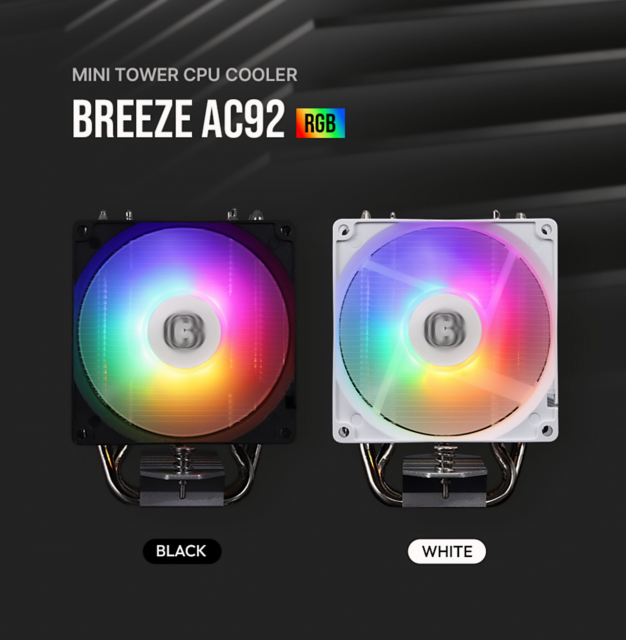 미니 타워 CPU 쿨러 ‘BREEZE AC92’의 열 제어 핵심은 니켈 도금 6mm 히트파이프 네 개가 CPU 코어와 직접 맞닿은 DTH(Direct Touch Heatpipe) 구조다. 접촉 면적을 극대화해 CPU의 발열을 히트파이프에 직접적으로 전달하고, 92mm PWM 팬이 히트싱크 전면에서 공기를 흡입·가압해 35.65CFM 풍량과 2.56mmH₂O 정압으로 냉각하는 방식이다. 싸이번은 열이 전달되는 상부 알루미늄 핀 배열을 공기 흐름 효율을 고려해 간격과 두께를 최적화했다