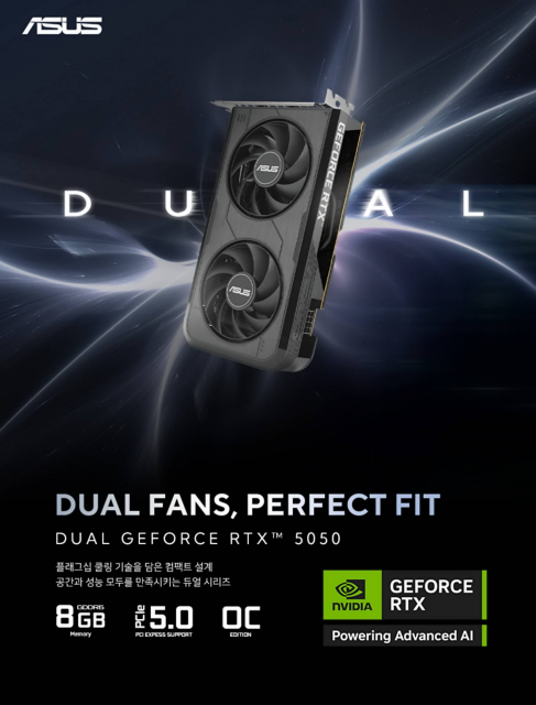 ASUS Dual RTX 5050 OC는 2슬롯(203×120.2×40mm) 규격으로 Mini-ITX 및 mATX 케이스에 최적화된 소형 설계를 바탕으로 뛰어난 공간 활용성을 갖췄다. 듀얼 90mm Axial-tech 팬과 히트파이프 기반 히트싱크, 통풍형 메탈 백플레이트를 적용해 부스트 클록 2677MHz(OC 모드)에서도 발열을 효과적으로 제어한다