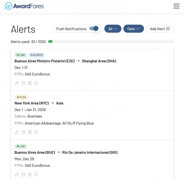 The main Alerts dashboard in AwardFares, where users can manage all their active Live and Flex alerts in one place, with options to edit, duplicate, delete, or instantly trigger a new search.