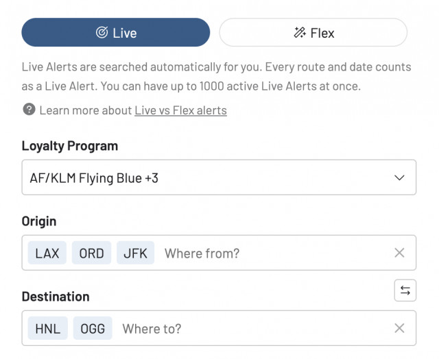 Setting up a precise Live Alert to monitor multiple origin and destination airports simultaneously. This allows users to track specific routes from various departure points to their chosen destination in a single alert.