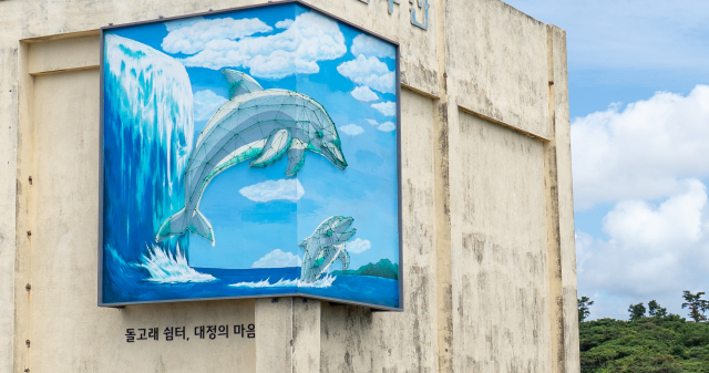 대정읍 노을 해안도로 일대의 한 건물에 설치된 스트링 아트 작품. 채색된 밑그림은 시간이 흐르면서 옅어지지만, 폐그물로 표현된 돌고래 형상은 오랜 시간 그 자리를 지키도록 설계돼 ‘생명의 소중함은 영원하다’는 철학적 메시지를 담았다