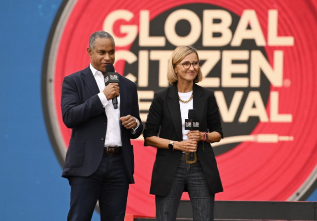 NEW YORK, NEW YORK - SEPTEMBER 27: (L-R) Michael Roberts and Nuria Garcia speak onstage during the 2025 Global Citizen Festival at Central Park on September 27, 2025 in New York City. (Photo by Noam Galai/Getty Images for Global Citizen)