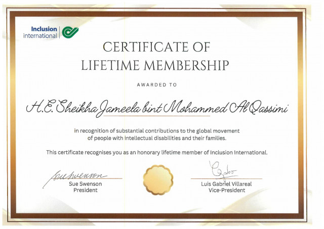Honorary Lifetime Membership certificate awarded to Sheikha Jameela bint Mohammed Al Qasimi by Inclusion International (Photo: AETOSWire)