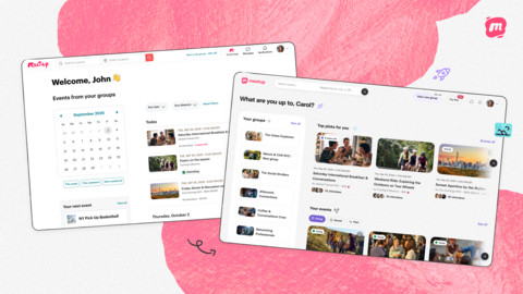 Before & After of the Meetup home page after log in, featuring the updated visual identity and impro...