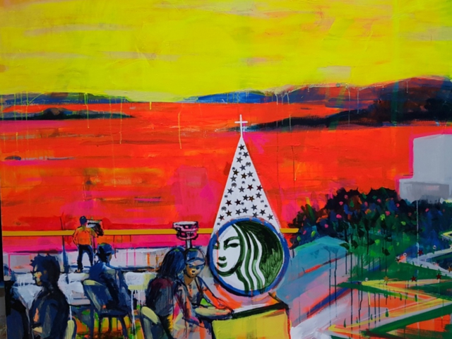 애기봉-스타벅스 162.0 ×130.3 cm Acrylic on Canvas 2025 최근 핫 플레이스 인 ‘애기봉-스타벅스’ 시리즈가 포함돼 있다. 북한이 보이는 최북단의 전망대에 들어선 글로벌 브랜드 매장이 분단의 비극이 관광 상품으로 소비되는 아이러니한 현실을 상징적으로 드러낸다