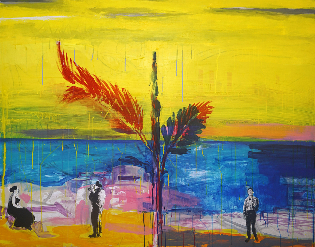 샤먼추억 162.0 ×130.3 cm Acrylic on Canvas 2024 우리의 애기봉 스타벅스처럼 중국의 샤먼과 금문도 사이의 단절과 갈등의 모습은 사라지고 관광객과 젊은 세대에게는 하나의 포토존이 되는 현실의 지점이 우리 현실과도 다르지 않음을 표현하고 있다