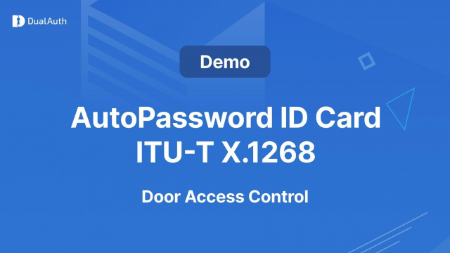 자동패스워드 ID 카드 - Door Access Control 데모 이미지. 출입카드나 공동 비밀번호 없이 스마트폰만으로 시설 인증 및 제어가 가능하며, 아이폰과 안드로이드 단말 구분 없이 동일하게 동작한다. 단순한 문 개폐 기능뿐 아니라 공동시설의 상세 제어 화면을 스마트폰에 직접 제공할 수 있어 스마트빌딩·스마트시티 환경에 적합한 사용자 경험을 제공한다