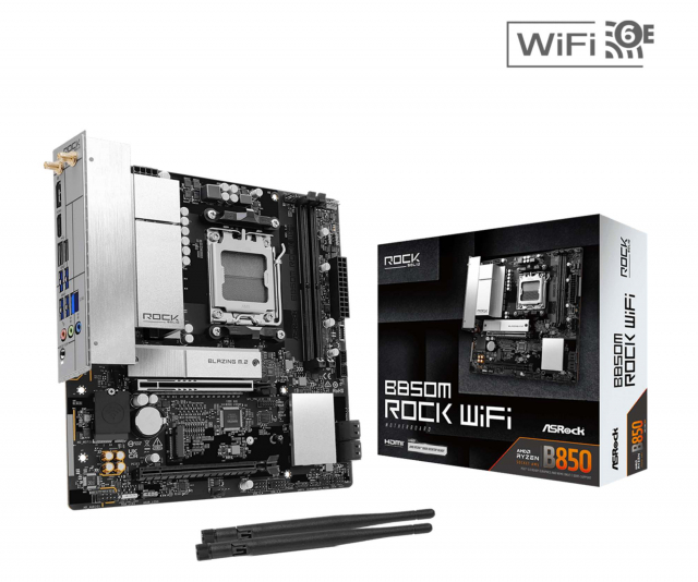B850M Rock WiFi는 AMD B850 칩셋 기반으로 Ryzen 9000/8000/7000 시리즈를 지원하며, DDR5 2DIMM 구성과 함께 Blazing M.2(PCIe Gen5x4) 1개 + Hyper M.2(PCIe Gen4x4) 1개, 2.5GbE LAN을 제공한다. 무선은 Wi-Fi 6E를 탑재해 실속형 구성에서도 무선 환경을 기본으로 가져갈 수 있도록 했다