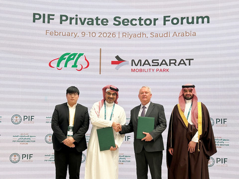 From left to right: Noppawit Tanadumrongsak, Managing Director of FPI India; Abdulrahman Binmahfooz, Managing Director of FPI Gulf; Tienie Ferreira, CEO of MASARAT Mobility Park; and Muhammed Alshiha, Chairman of MASARAT Mobility Park, during the signing ceremony at the PIF Private Sector Forum 2026 in Riyadh. (Photo: AETOSWire)