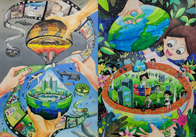 ‘제4회 내가 GREEN 그림대회’ 대상 수상작. 왼쪽은 고학년 대상작(김휘영_지구를 파괴하는 나쁜 행동은 이제 그만 끊어 냅시다), 오른쪽은 저학년 대상작(양이랑_지구를 아끼는 방법)