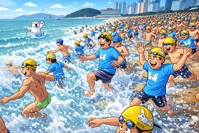 해운대 북극곰 수영대회 소개 이미지. 올해 39회째 북극곰 수영대회에는 역대 최대 인간 북극곰들이 참가했다