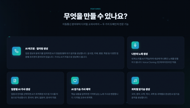 아우라 플랫폼은 3단계 보이스 클로닝을 기반으로 나만의 노래 생성, 다국어 AI 비즈링, 과목별 교육용 암기송 등 5대 핵심 기능을 통해 비즈니스와 교육에 최적화된 맞춤형 음원서비스를 제공한다