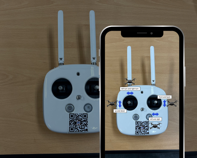 AR 플랫폼 ‘QAR’ 활용 사례. 드론 조종기의 설명서를 AR로 확인할 수 있다