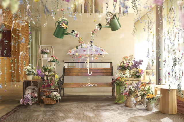 리셉션 공간에는 장미, 유칼립투스, 옥수수 등을 활용한 장식과 꽃과 허브를 실로 엮어 천장에 매단 연출을 통해 360도 자연에 둘러싸인 듯한 공간을 구현했다