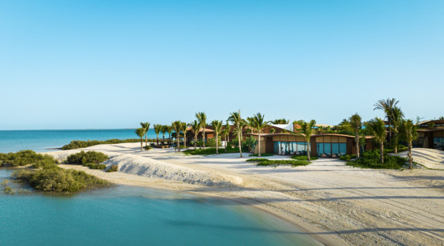 Villas set among palm trees and desert sands, reflecting the beachfront setting at Shura Island.