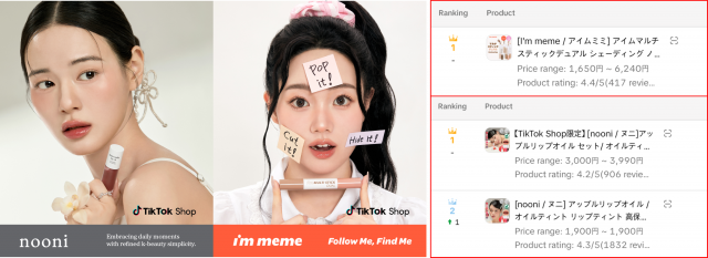 일본 틱톡샵에서 각각 립·쉐딩 카테고리 1위를 기록한 Nooni 애플 립 오일과 I’m Meme 아임 멀티 스틱 듀얼