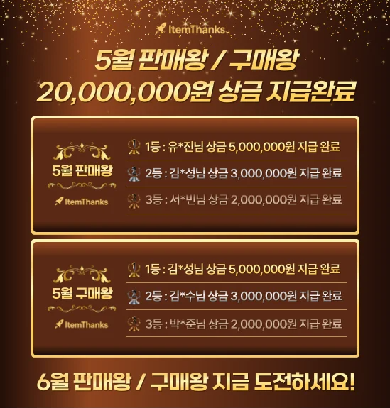 로켓아이템땡스, 5월 상금 2000만원 지급 완료… 뜨거운 호응에 6월 ‘판매왕·구매왕’ 연속 진행