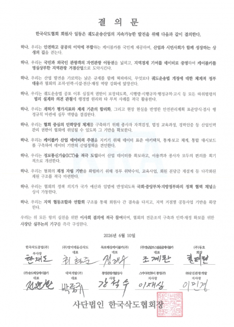 한국삭도협회 사장단 결의문 서명본. 협회는 이번 결의를 통해 안전관리 고도화, 재허가 대응 표준화, 산업 데이터 구축, 교육·자격 체계 마련, 지역관광 기여 확대를 공동 추진하기로 했다