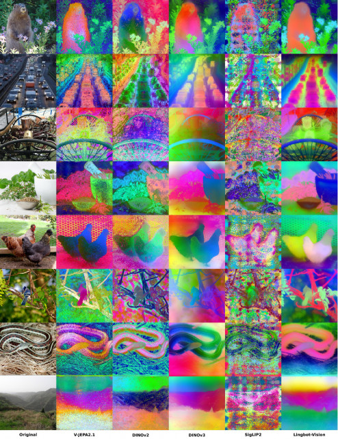 Comparison of object boundary and spatial structure recognition across major models. LingBot-Vision ...