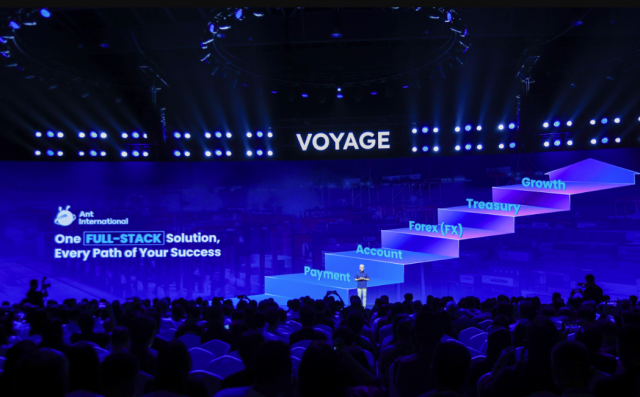 Peng Yang, CEO of Ant International, introduced a full stack of AI-native solutions for payment, account, FX, treasury and growth for global businesses at Ant International's 2026 global merchant event.