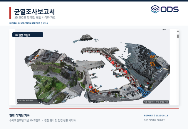 ODS의 AI 기반 3D 공간 분석 솔루션을 통해 해안 시설물 결함 및 위험 요소를 정밀 진단한 보고서 화면