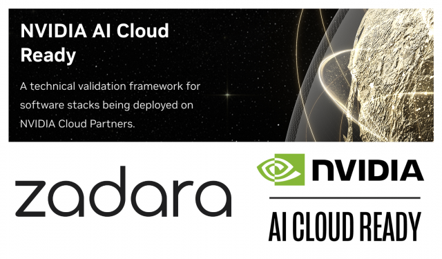 엔비디아 클라우드 파트너에 배포되는 소프트웨어 스택을 위한 기술 검증 프레임워크인 ‘NVIDIA AI Cloud Ready’ 배너와 자다라(zadara), 엔비디아(NVIDIA) 로고