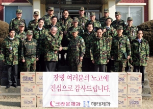 크라운-해태제과 윤 영달 사장이 육군 25사단장 조남택 소장에게 설 명절 위문품을 전달하고