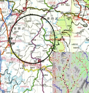 황새와 공존하게 될 생태마을 지도
미원면을 중심으로 반경 15km(원형, 청원군, 괴산군